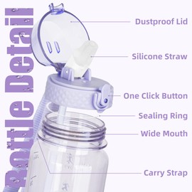 OLDLEY 1L Sports Water Bottle with Straw, Tritan 1 Litre Motivational Drink Bottle, BPA Free Leakproof Transparent Water Bottle with Time Marker for Cycling, School, Gym, Outdoor (Purple)