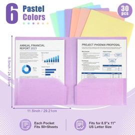 Kisston 30 Pack Folders with Pockets, Pastel Folders with 2 Pocket Folder, Cute Plastic Folder Bulk for Us Letter Size Paper Documents, School Office Home Business, Back to School Supplies