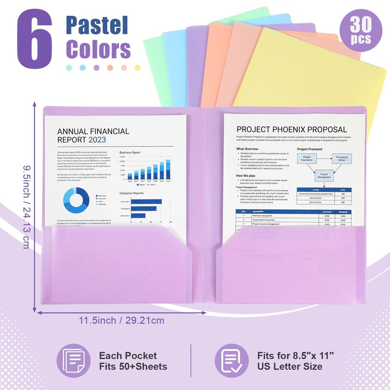 Kisston 30 Pack Folders with Pockets, Pastel Folders with 2