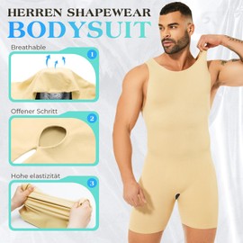 Kitfore Men's Shapewear Bodysuit Full Body Shaper Seamless Tummy Control Compression Shirt Body Shaper Undershirt with Leg Shorts, beige, M