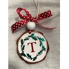 Rustic Initial Monogram"T" Holly Wood Slice Ornament