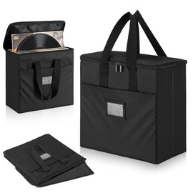 Facmogu Vinyl Record Storage Box (1 Pack), 600D Oxford Fabric Record Case for 7/10/12" LP, Collapsible Album Storage Case Holds up 35+ LP Album, Portable Crate with Lid & Handle for Home, Studio, Gig
