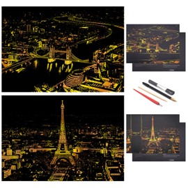 Scratch Golden Painting Paper,Scratch Painting Creative Gift,Scratch&Sketch Art for Kids&Adults,with 4 Tools,16''x11''(Paris,London)