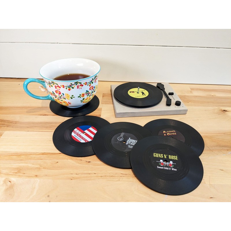 Retro Vinyl Record Funny Pun Title Coaster Set with wood