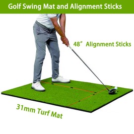 Golf Hitting Mat Thicker Rubber Bottom-5×4ft with Alignment Sticks、Foam Balls and Rubber Tees, for Outdoor Backyard Driving Swing Chipping Indoor Simulators (5×4ft 31mm)
