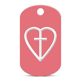 Heart with Cross Keychain GI Dog Tag Engraved Faith Pink