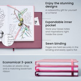 ARTEZA Journals, Pack of 3, 6x8 inch, 96 Sheets, Light Pink, Dark Pink, and Maroon, Hardcover Notebooks with Smooth Lined, Blank and Dotted Paper