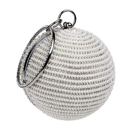 CORIOS Evening Handbag for Women Round Ball Clutch Purse Beaded Pearl Clutch Bag Rhinestones Shoulder Bag Bridal Wedding Purse Crossbody Bag for Wedding Cocktail Party Banquet Prom Silver