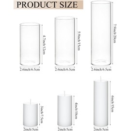 Set of 6 White Pillar Candles with Clear Glass Hurricane Holders- Elegant Cylinder Candle Vases for Weddings, Parties, Centerpieces, Home & Office Decor.