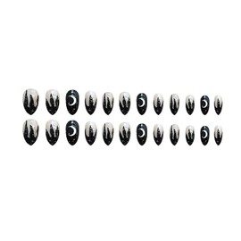 24 Pcs Press On Nails medium, Full Cover Black With Star, Moon Patterns Almond Glue On Nails, False Nails With Glue, Coffin Nails Art Manicure Decoration Acrylic Nails for Women And Girls