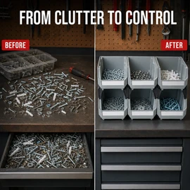 Stackable Plastic Parts Bins for Garage Tool Storage