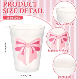 Tioncy 50 Pack 16oz Pink Bow Reusable Frosted Cups Coquette Pink Bow Disposable Plastic Cups Bulk Bachelorette PP Frosted Reusable Cup Set Decorations for Birthday Wedding Bridal Shower Party Supplies