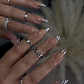 Glazed Donut Silver Gray French Tip Press on Nails Almond, Brown French Chrome Nails Press ons for Women, Aurora Glue on Nails Medium Length, Reflective Mirror Acrylic Nails Light Weight Fit Perfectly