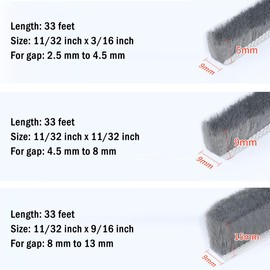 33 Ft Self-Adhesive Weather Stripping Door Seal, Brush Weatherstripping for Windows and Doors, Soundproofing Neat Pile Weatherstrip Draft Stoppers, 0.35" Wide x 0.6" Thick Grey