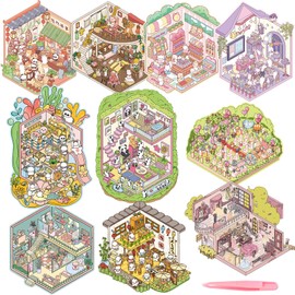 10 Sets DIY 3D Big Size Fun Animal House Sticker Scenes with Tweezers Make Your Own Wedding Clothing Shop Underwater World Scene Stickers Cute Micro Room Stickers for Relief Stress Pass The Time