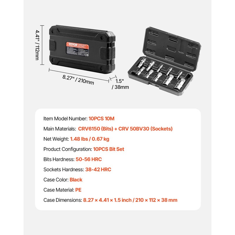 VEVOR Extra Long Allen Hex Bit Socket Set, 18-Piece 3/8