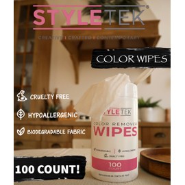STYLETEK COLOR REMOVER WIPES, 100 PER CANNISTER, HAIR DYE REMOVER, SENSITIVE AND NON-IRRITATING, BIODEGRADABLE FABRIC