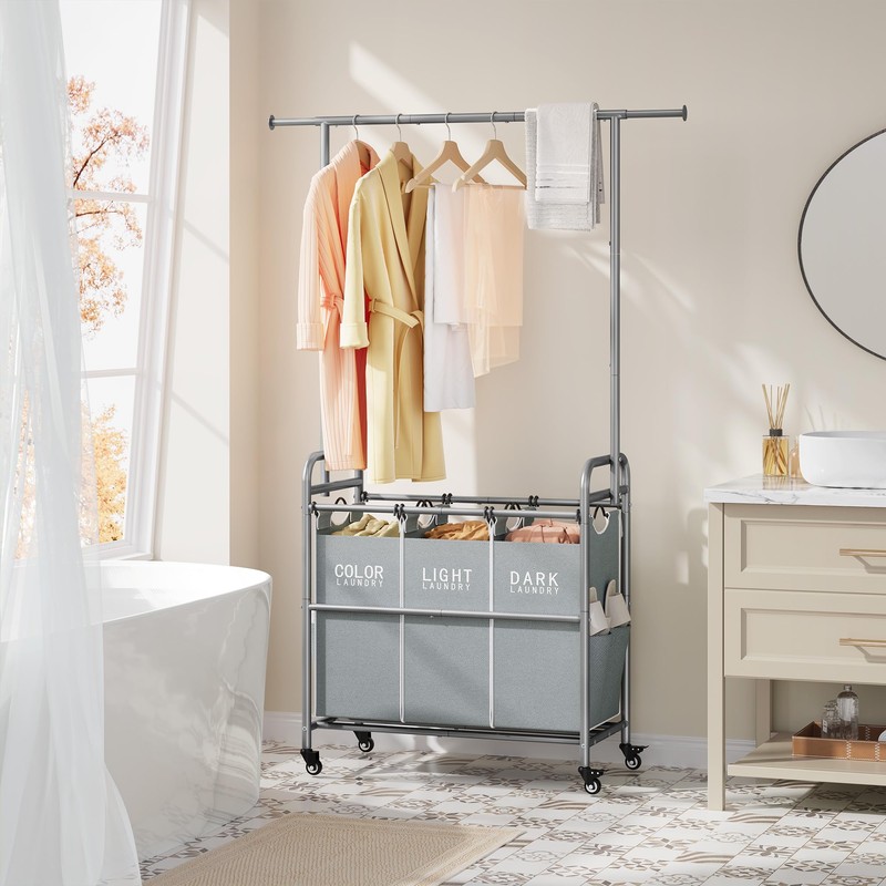 Tajsoon Laundry Sorter with Hanging Bar, 3 Section Rolling Laundry