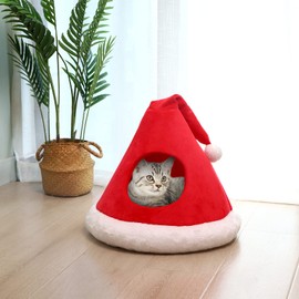 NIBESSER Cat Bed Christmas Hat Cat Tent House Self-Warming 2 in 1 Removable Comfortable Triangle Pet Teepee Xmas Dog Cave in Winter (Red)