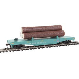 Walthers Trainline HO Scale Model Log Dump Car with 3 Logs - Union Pacific #14972 (Mow Scheme, Green, Yellow Conspicuity Marks)