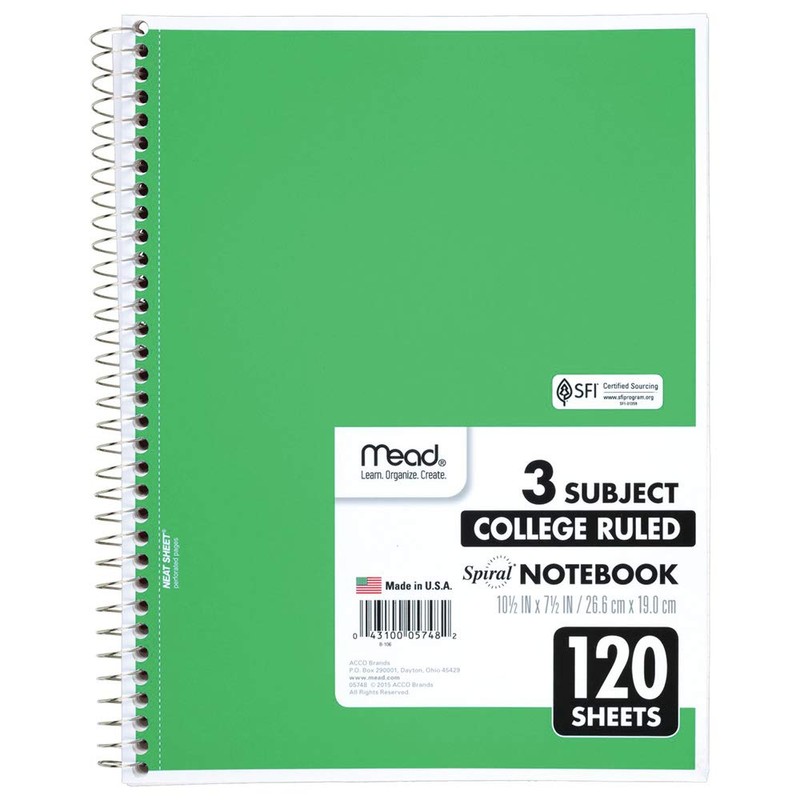 Mead Spiral Notebook, 3 Subject, College Ruled Paper(05748), 120 Sheets,