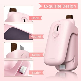 Boxonly FD White Mini Bag Sealer, 2-in-1 Heat Sealer and Cutter with Magnetic Back, Lanyard, and Battery Included, Handheld Bag Resealer for Plastic Bags, Snack Bags, Food Storage - Pink Color