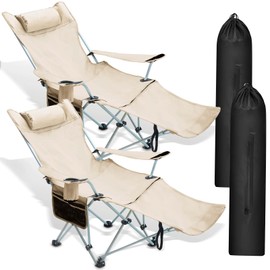 Suzile 2 Pieces Reclining Camping Chair with Footrest Portable Beach Lounge Chair with Headrest Adjustable Folding Comfortable Outdoor Chairs for Adults Summer Camp Sports Supplies, Support 330 Lbs