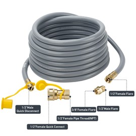 only fire 24 Ft 1/2" ID Natural Gas Hose, Propane Gas Grill Quick Connect/Disconnect Hose Assembly with 3/8" Female Flare x 1/2" Male Flare Adapter for Outdoor NG/Propane Appliance