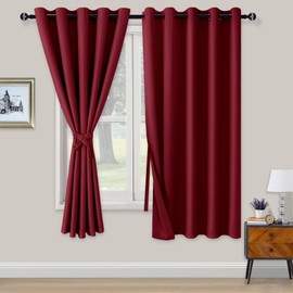 XWZO Blackout Curtains Shades Window Curtain Panels with Tiebacks- Noise Reduction and Light Blocking Grommet Curtains for Bedroom,Living Room,Office,Study Room Burgundy W66xL72