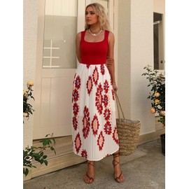 Mieazom Women's Sleeveless Pleated Maxi Dress Boho Floral Print Summer Sundress High Waist Flowy A-Line Casual Dress Red XL