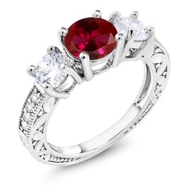 Gem Stone King 3.41 Ct Round Red Created Ruby Women's Ring (Available In Size 6,7,8)