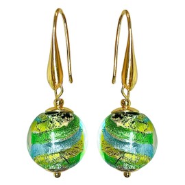 Colorful Murano Style Glass Earrings, Elegant Multicolor (Green Aqua Blue Gold) Murano Jewelry, Drop Dangle Earrings for Women Trendy, 18k Gold Plated (Vibrant Green)