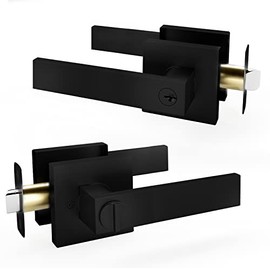 Heavy Duty Entry Lever Door Handle Set Heavy-Duty Square Locking Lever Set with Key - Reversible Door Handles for Left or Right-Handed Doors - Interior and Exterior Door Levers in Matte Black Finish