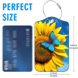 Luggage Tags for Suitcase Blue Butterfly Yellow Flower 2 PCS Leather Travel Luggage Tag with Stainless Steel Loop Name ID Label Privacy Cover for Women Men Travel