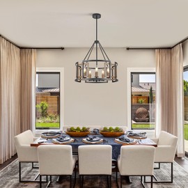 Sigaitwei 5-Light Drum Chandelier for Dining Room，19.7" Rustic Farmhouse Dining Room Light Fixture，Wood Grain and Vintage Black Metal Chandeliers for Kitchen Entryway Living Room