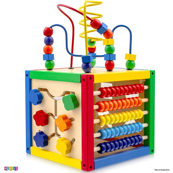 Activity Cube With Bead Maze - 5 in 1 Baby Activity Cube Includes Shape Sorter, Abacus Counting Beads, Counting Numbers, Sliding Shapes, Removable Bead Maze - My First Baby Toys - Original - By Play22