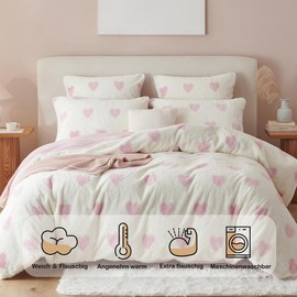 Sedefen Plush Bed Linen 200 x 220 cm Fluffy Faux Fur Pink Hearts Bed Linen Girls Warm Winter Bed Linen Shaggy Flannel Duvet Cover and 2 Pillowcases 80 x 80 cm with Zip