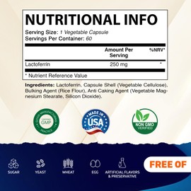 Vitamatic Lactoferrin 250mg (Apolactoferrin), 60 Vegetable Capsules - Promotes Healthy Immune Function*