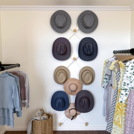 SKOLOO Large Hat Rack for Wall, Wooden Accordion Wall Hanger, Modern, Expandable Coat Hooks, Hat Display Rack for Home, Office, and Studio, 14 Peg, White