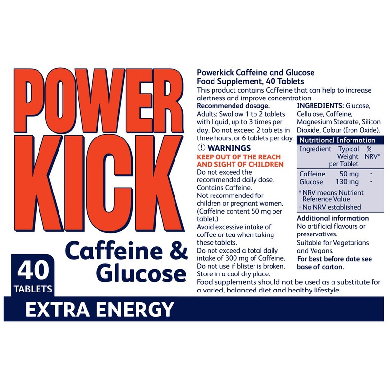 Powerkick Extra Energy Caffeine & Glucose Tablets x 40 -
