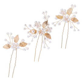 3 Pieces Bridal Hair Clips Golden Flower Hair Pins Tiara Silver Pearl Leaf Wedding Bridal Jewellery Hair Set Headpiece Jewellery Women Girls Hair Comb Hair Accessories Wedding Flowers