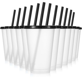 Mifoci 12 Pcs Plastic Tumbler with Lids and Straws Reusable Plastic Tumblers Bulk Mug Tumbler with Straw and Lid Tumbler Ice Cold Drinking Cup for Water Smoothie Birthday Party (Black,16oz)
