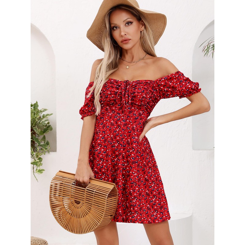 Missufe Women's Puff Short Sleeve Drawstring Ruched Front Fit and