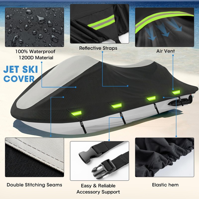 1200D Waterproof Jet Ski Cover, 120"-135" Trailerable 2-3 Seater PWC
