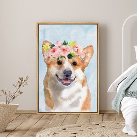 SIGNLEADER Framed Canvas Print Wall Art Watercolor Corgi with Crown Animals Flower Illustrations Modern Art Contemporary Colorful Multicolor Pastel for Living Room, Bedroom, Office - 16"x24" NATURAL