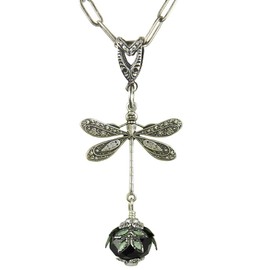 NoMonet Dragonfly necklace, art deco fantasy, fanciful Dragonfly Daze, crystal, hand-painted leaves, vintage filigree, US made, silver black & green