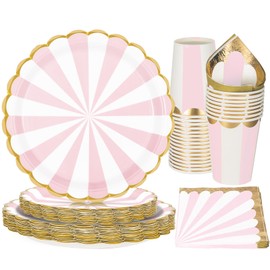 PARTY GO Party Tableware Set, 96 Pieces Theme Party Tableware, Party Tableware Set, Pink and White Striped Circus Theme Birthday Tableware, Circus Party Accessories (24 Guests)
