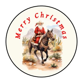 30 Merry Christmas cowboy Santa envelope seals, stickers labels, tags, round