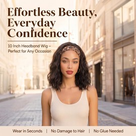 Brown Headband Wigs for Black Women 14inch Head Band Wig Synthetic Short Curly Wavy Bob Wigs for Black Women Natural Looking Half Wigs with Headband for Daily Use(Dark Espresso Brown)
