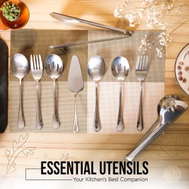 NEXNEOM Serving Utensils Set Silver 10-Piece - Stainless Steel Stunning Mirror-Finish, Lightweight, Dishwasher Safe - Includes Slotted Spoons, Forks, Tongs, Ladle, and Pie Server for buffet & parties